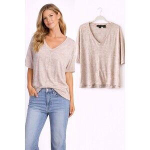 Tahari Linen Top T Shirt Size Large Beige Short Sleeve Linen Slub